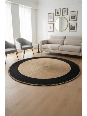 Home İnn Tekstil Home İnn Yuvarlak Halı Siyah Çerçeveli Natural | Modern Premium Salon Halısı | Kontrast Şık Dekor
