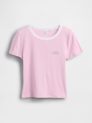 Gap Kadın Açık Pembe Ribbed Gap Logo Baby Crop T-Shirt