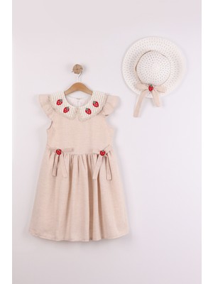 Joy Kids Kız Çocuk Astarlı Şapka Hediyeli Keten Elbise (6-9yaş) (Bej)