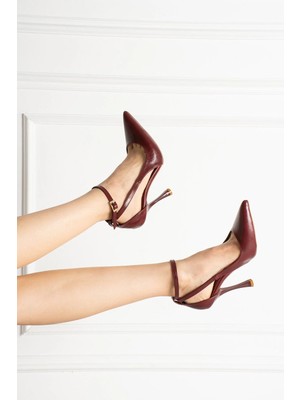 Shoetek Loversa Kadın  Ince Topuklu Bilekten Bağlı Bordo Deri