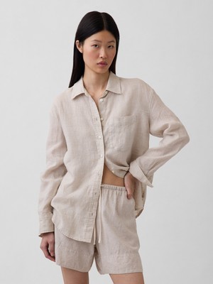 Gap Kadın Bej 100% Keten Oversize Gömlek