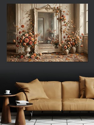 Tablomega Güllerle Süslenmiş Antik Ayna Dekoratif Kanvas - Mdf Ahşap Tablo