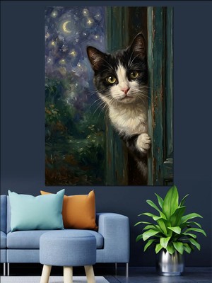 Tablomega Kapı Aralığından Bakan Sevimli Kedi Dekoratif Kanvas - Mdf Ahşap Tablo