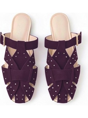 Ne&Ve Shoes Mürdüm Süet Pim Detaylı ve Tokalı Kadın Kare Burun Sabo Terlik