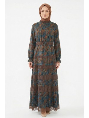 Lale Butik Levidor Kemer ve Boncuk Detay Etnik Desenli Elbise 330341 Turkuaz