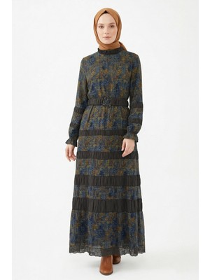 Lale Butik Levidor Kemer ve Boncuk Detay Etnik Desenli Elbise 330341 Taba