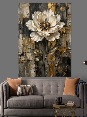 Artmeg Altın Detaylı Beyaz Çiçek Tasarımı Dekoratif Kanvas - Mdf Ahşap Tablo
