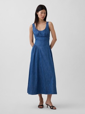 Gap Kadın Mavi Keten Karışımı Shirred Maxi Elbise