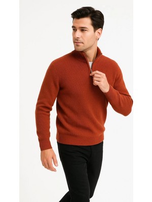 Pileli Store Yarım Fermuarlı Triko Kazak – Selanik Örgü, Dik Yaka, Pamuklu Dokuma, Oversize Uzun Kollu Kışlık Model - Füme