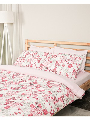 Rasel Tekstil Flower World Pamuklu Çift Kişilik Kırmızı Nevresim Seti Lastikli Çarşaflı  200X220 cm