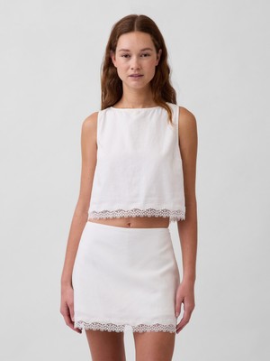 Gap Kadın Beyaz Keten Karışımı Dantel Kenar Crop Bluz