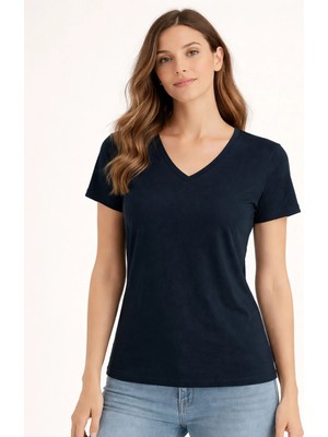 Organickid Basic Kadın V Yaka Semi-Fitted Lacivert T-Shirt
