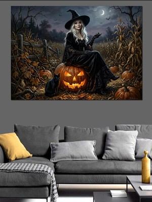 Tablomega Balkabağı Üzerinde Oturan Cadı Kadın Dekoratif Kanvas - Mdf Ahşap Tablo