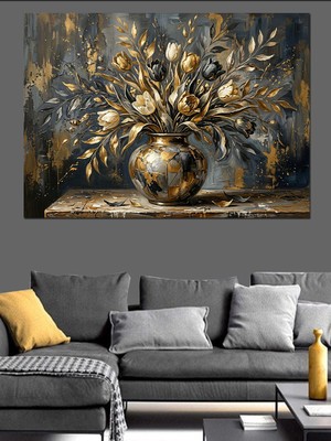 Tablomega Vazoda Altın Detaylı Kurumuş Dallar Dekoratif Kanvas - Mdf Ahşap Tablo