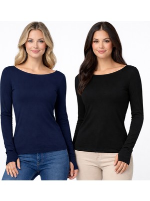 Hayalet Kadın Ikili Set Ultra Soft Premium Relax Basic T-Shirt – Parmak Geçirmeli, Slim Fit, Uzun Kollu
