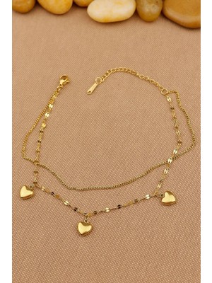 Keyifli Hayaller Çelik Halhal - 2li Kombin Kalp Model  Çelik Zincir Halhal Gold 22+5cm Yeni Sezon