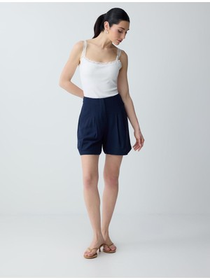 Jimmy Key Lacivert Keten Karışımlı Yüksek Bel Dokuma Şort