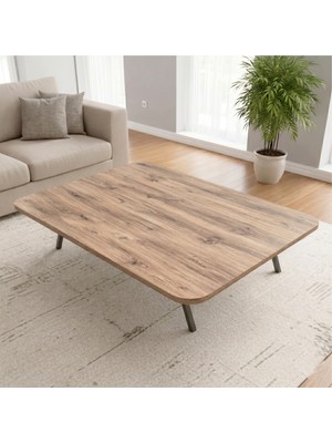 Ratemo Mobilya Ahşap Renk Oval Kenar Yer Sofrası, 6 Kişilik Ahşap Renk Masa, Metal Ayaklı Yemek Masası 119X89 cm