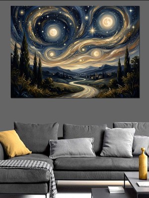 Tablomega Yıldızlı Gece Tarzı Manzara Sanatı Dekoratif Kanvas - Mdf Ahşap Tablo