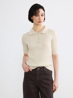 Soulife Polo Yaka Kendinden Desenli Kadın Triko Kazak