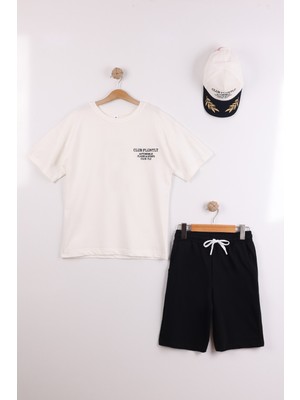 Joy Kids Erkek Çocuk Şapkalı Yazlık Basic Takım (11-14YAŞ) (Beyaz-Siyah)