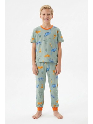 Bunny Hopp Bunnyhopp Yazlık Kısa Kollu Dinazor Desenli Erkek Çocuk Pijama Takımı - %100 Pamuklu Yeşil Set