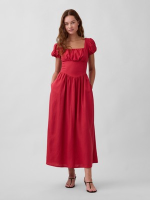 Gap Kadın Kırmızı Keten Karışımı Drop-Waist Maxi Elbise
