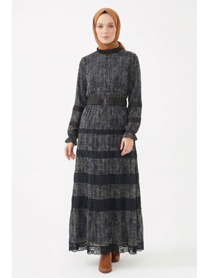 Lale Butik Levidor Kemer ve Boncuk Detay Etnik Desenli Elbise 330341 Siyah