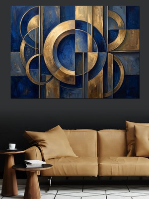 Tablomega Altın ve Mavi Geometrik Kompozisyon Dekoratif Kanvas - Mdf Ahşap Tablo