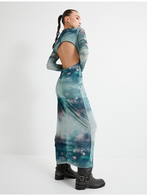 Koton Arkası Pencere Detaylı Maksi Kalem Elbise Çiçekli Uzun Kollu Dik Yaka