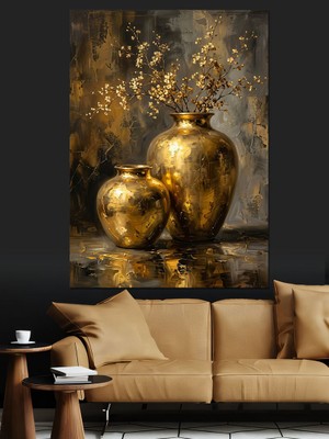 Tablomega Altın Vazolarda Kurumuş Çiçek Detayı Dekoratif Kanvas - Mdf Ahşap Tablo