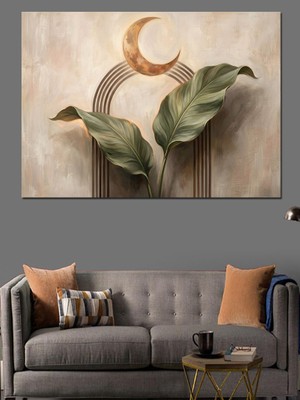 Artmeg Hilal Ay ve Tropikal Yaprak Dekoratif Kanvas - Mdf Ahşap Tablo