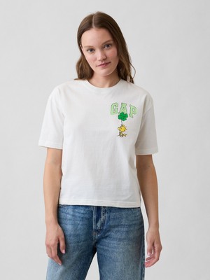 Gap Kadın Beyaz Peanuts Oversized Bisiklet Yaka T-Shirt