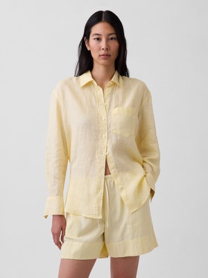 Gap Kadın Sarı 100% Keten Oversize Gömlek