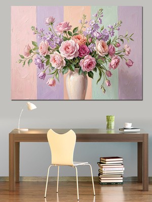 Artmeg Vazoda Pastel Renkli Bahar Çiçekleri Dekoratif Kanvas - Mdf Ahşap Tablo