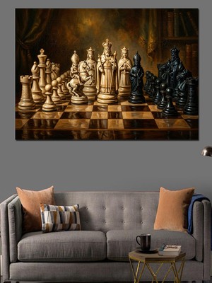 Tablomega Ahşap Masada Antik Satranç Taşları Dekoratif Kanvas - Mdf Ahşap Tablo