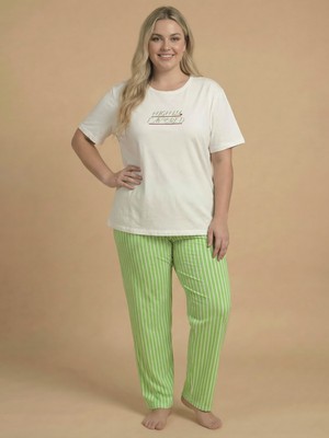 Wordex Mrn 4510 Çizgili Pijamalı Kısa Kollu Penye Büyük Beden Kadın Pijama Takımı