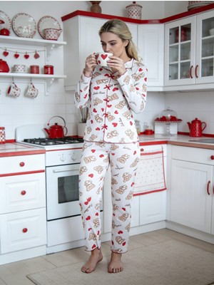 NiCe İç Giyim Ekru Renk Kırmızı Kalp & Ayıcık Desen Fiyonk Detay Yumuşacık Kadın Pijama Takım