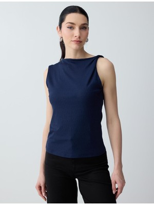 Jimmy Key Lacivert Sıfır Yaka Kolsuz Dar Kesim Örme Bluz