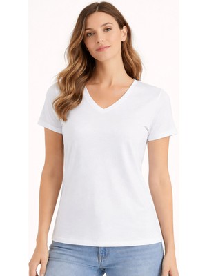 Organickid Basic Kadın V Yaka Semi-Fitted Beyaz T-Shirt
