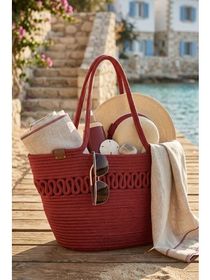 Comfort Craft Premium Desenli Hasır Dokulu Kadın Plaj Çantası - El Örgüsü Stil Tatil ve Şehir Çantası