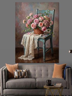Tablomega Sandalyede Çiçek Sepeti Rustik Tablo Dekoratif Kanvas - Mdf Ahşap Tablo