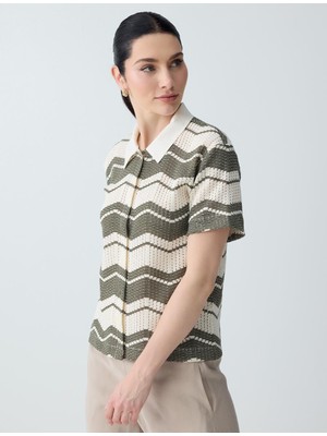 Jimmy Key Kırık Beyaz Polo Yaka Kısa Kollu Çizgi Desenli Jakarlı Örme Bluz