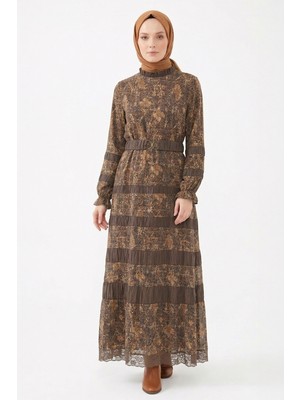 Lale Butik Levidor Kemer ve Boncuk Detay Etnik Desenli Elbise 330341 Kahverengi