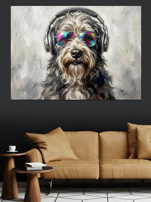 Tablomega Kulaklıklı Karizmatik Siyah Köpek Sanatı Dekoratif Kanvas - Mdf Ahşap Tablo