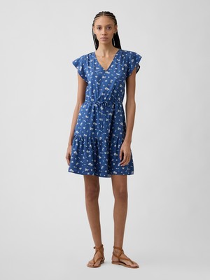 Gap Kadın Mavi Tiered Flutter Sleeve Mini Elbise
