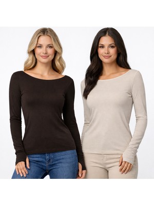 Hayalet Kadın Ikili Set Ultra Soft Premium Relax Basic T-Shirt – Parmak Geçirmeli, Slim Fit, Uzun Kollu