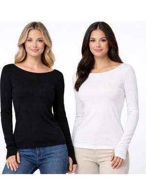 Hayalet Kadın Ikili Set Ultra Soft Premium Relax Basic T-Shirt – Parmak Geçirmeli, Slim Fit, Uzun Kollu