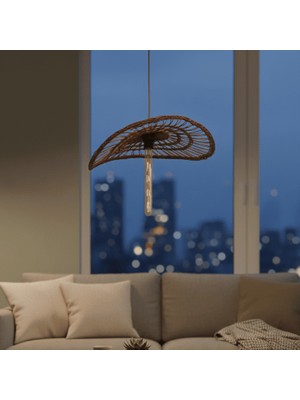 Rattam Gaia Serisi: 45CM Genişliğinde Yassı Formlu Doğal Hasır Avize (Basık Tavan Dostu)