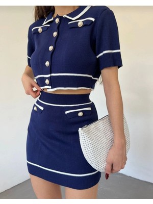 Moda Morfo Cep Detaylı Inci Düğmeli Triko Crop Takım -Laci